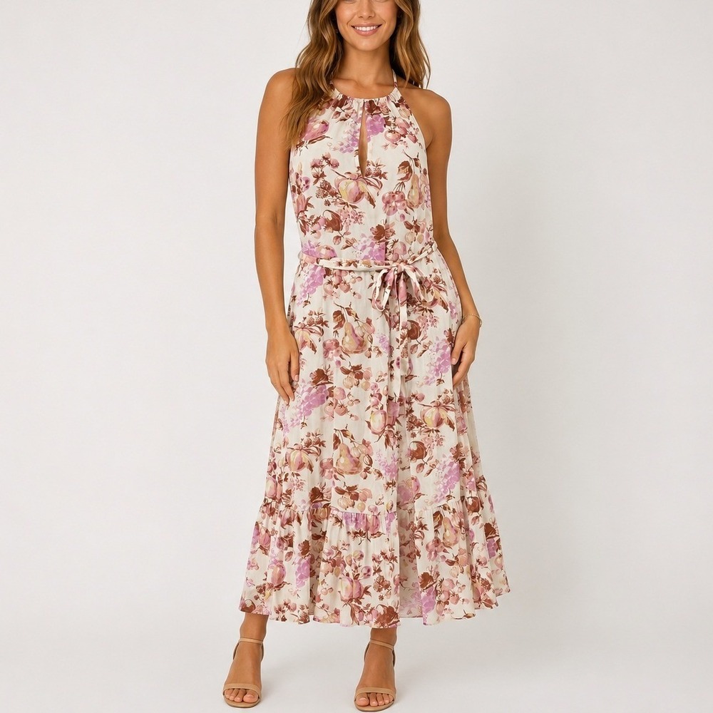 PAIGE Jade Dress Mecca Orange Multi Floral Fruit Halter M